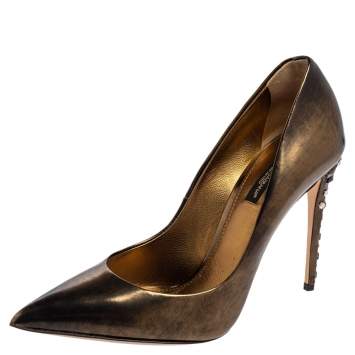 Pre Owned Dolce & Gabbana Metallic Gold Leather Crystal Embellished Heels Pointed Toe Pumps Size 38