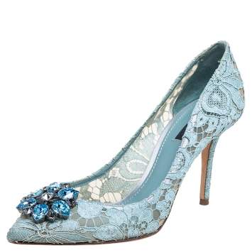 Pre Owned Dolce & Gabbana Blue Lace Bellucci Pointed Toe Pumps Size 40