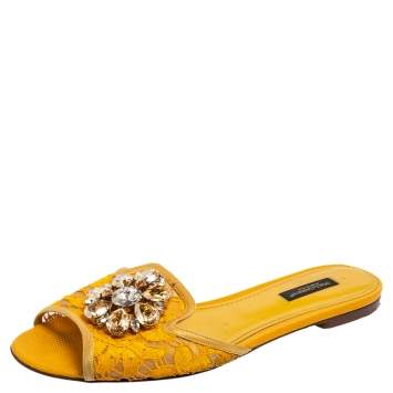 Pre Owned Dolce & Gabbana Yellow Lace Sofia Crystal Embellished Slides Size 38