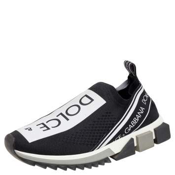 Pre Owned Dolce & Gabbana Black/White Knit Fabric Sorrento Slip On Sneakers Size 38