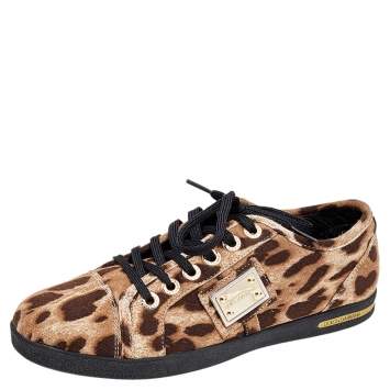 Pre Owned Dolce & Gabbana Brown Leopard Print Knit Fabric Low Top Sneakers Size 37