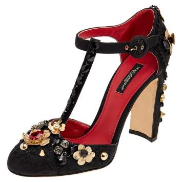Pre Owned Dolce & Gabbana Black Brocade and Leather Embellished Mary Jane Pumps Size 37.5
