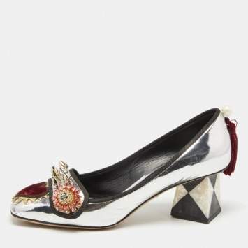 Pre Owned Dolce & Gabbana Silver Laminated Leather Jackie Embellished Pumps Size 38