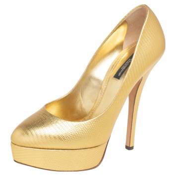 Pre Owned Dolce & Gabbana Gold Lizard Embossed Leather Platform  Pumps Size 38