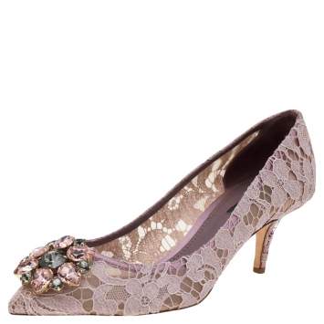 Pre Owned Dolce & Gabbana Pink Lace Bellucci Crystal Embellished Pointed Toe Pumps Size 39.5