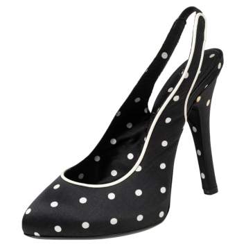 Pre Owned Dolce & Gabbana Black Satin Polka Dot Slingback Sandals Size 38