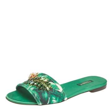 Pre Owned Dolce & Gabbana Green/White Banana Leaf-Print Fabric Crystal Embellished Flat Sandals Size 38