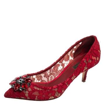 Pre Owned Dolce & Gabbana Red  Lace And Mesh Crystal Embellished Bellucci Pumps Size 39