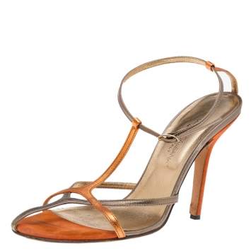 Pre Owned Dolce & Gabbana Metallic Orange/Gold Leather Ankle Strap Sandals Size 37.5