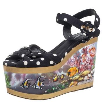 Pre Owned Dolce & Gabbana Black/White Knotted Polka Dot Fabric Cady Platform Wedge Sandals Size 37