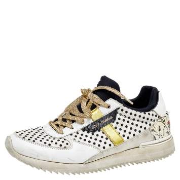 Pre Owned Dolce & Gabbana White/Black Polka Dot Leather Low Top Sneakers Size 38