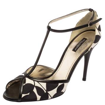 Pre Owned Dolce & Gabbana Black/White Printed Satin Ankle-Strap Sandals Size 41