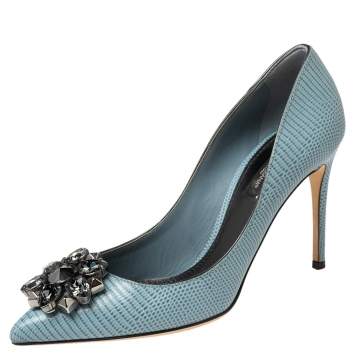 Pre Owned Dolce & Gabbana Blue Lizard Embossed Leather Bellucci Crystal Embellished Pumps Size 37