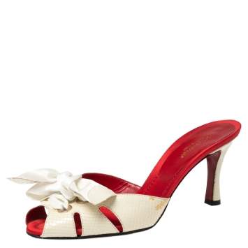 Pre Owned Dolce & Gabbana Off White Snakeskin Embossed Leather Slide Sandals Size 41.5