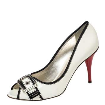 Pre Owned Dolce & Gabbana Off-White/ Black Patent Leather Buckle Strap Peep-Toe Pumps Size 41