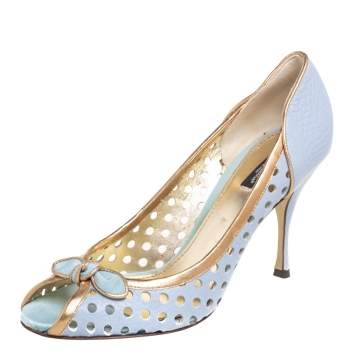 Pre Owned Dolce & Gabbana Blue/Gold Perforated Leather Bow Detail Peep-Toe Pumps Size 41 