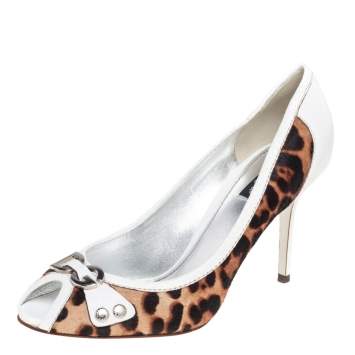 Pre Owned Dolce & Gabbana White/Brown Leather and Calf Hair Logo Detail Peep-Toe Pumps Size 41