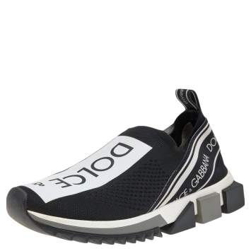 Pre Owned Dolce & Gabbana Black/White Knit Fabric Sorrento Slip On Sneakers Size 39.5