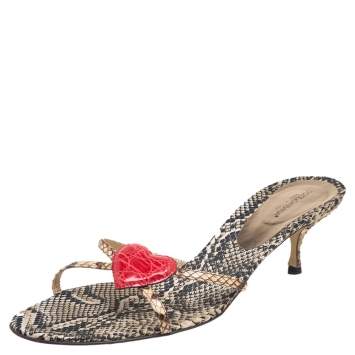 Pre Owned Dolce & Gabbana Tri-Color Snakeskin Leather Heart Slide Sandals Size 41