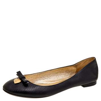 Pre Owned Dolce & Gabbana Black Lizard Embossed Leather Bow Detail Ballet Flats Size 37.5