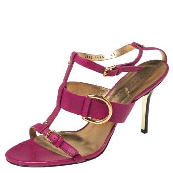 Pre Owned Dolce & Gabbana Pink Leather Buckle Details T-Strap Sandals Size 41