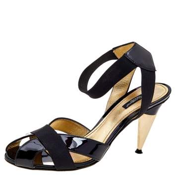 Pre Owned Dolce & Gabbana Black Leather And Stretch Band Ankle Cuff Sandals Size 40