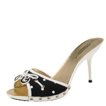 Pre Owned Dolce & Gabbana Black/White Canvas And Leather Bow Sandals Size 41