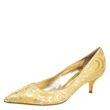 Pre Owned Dolce & Gabbana Yellow Brocade Fabric Pointed Toe  Pumps Size 40