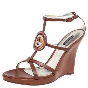 Pre Owned Dolce & Gabbana Brown Leather Strappy Wedge Sandals Size 41