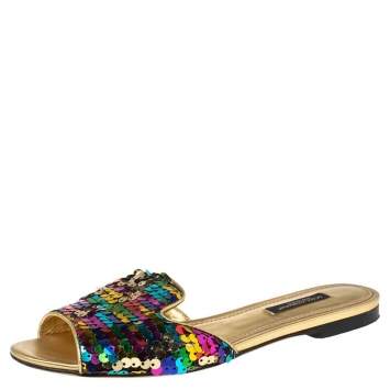 Pre Owned Dolce & Gabbana Multicolor Sequin Sofia Flat Slide Sandals Size 35.5