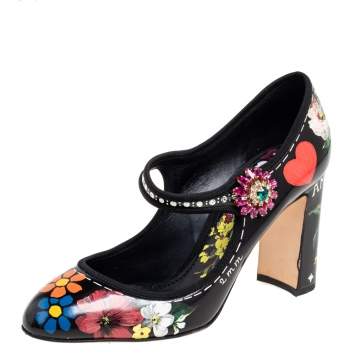 Pre Owned Dolce & Gabbana Black Floral Print Leather Mary-Jane Pumps Size 37