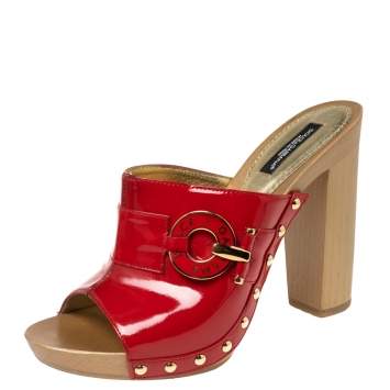 Pre Owned Dolce & Gabbana Red Patent Leather Wooden Mules Size 37