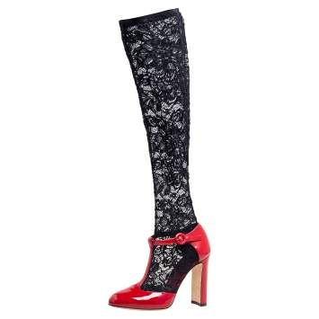 Pre Owned Dolce & Gabbana Red/Black Patent Leather and Lace Socks Ankle-Strap Pumps Size 37