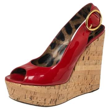 Pre Owned Dolce & Gabbana Red Patent Leather Cork Wedge Platform Slingback Sandals Size 38