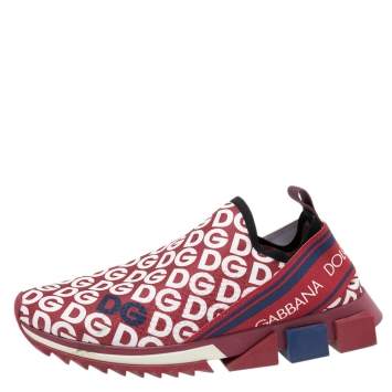 Pre Owned Dolce & Gabbana Red/White Fabric Logo Slip On Sneakers Size 43