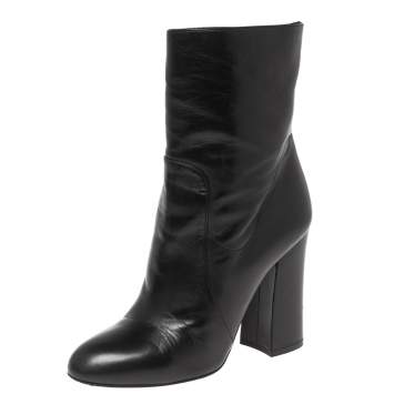 Pre Owned Dolce & Gabbana Black Leather Block Heel Ankle Boots Size 37