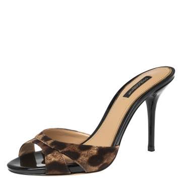 Pre Owned Dolce & Gabbana Brown Animal Print Canvas Slide Sandals Size 38