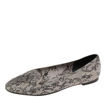Pre Owned Dolce & Gabbana Black/Grey Leather Flower Print Ballet Flats Size 40