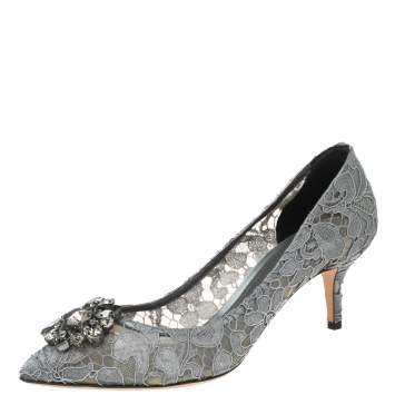 Pre Owned Dolce & Gabbana Grey Taormina Lace Crystal Embellished Bellucci Pumps Size 39.5