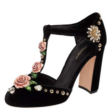 Pre Owned  Dolce & Gabbana Black Velvet Crystal Embellished Block Heel Sandals Size 37