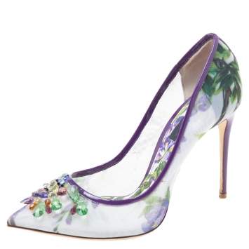 Pre Owned Dolce & Gabbana Purple/Green Printed Mesh Crystal Embellished Pointed-Toe Pumps Size 37.5
