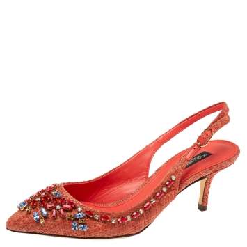 Pre Owned Dolce & Gabbana Red Raffia Crystal Embellished Slingback Sandals Size 37.5