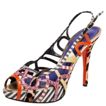 Pre Owned Dolce & Gabbana Multicolor Python Embossed Leather And Pony Hair Strappy Platform Sandals Size 40
