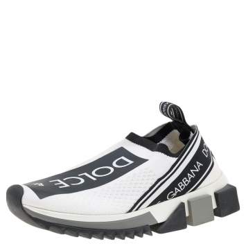Pre Owned Dolce & Gabbana Black/White Knit Fabric Sorrento Slip On Sneakers Size 35