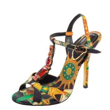 Pre Owned Dolce & Gabbana Multicolor Canvas Embellished T-Strap Sandals Size 36