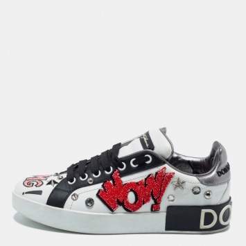 Pre Owned Dolce & Gabbana White Leather Wow Embellished Low-Top Sneakers Size 38.5