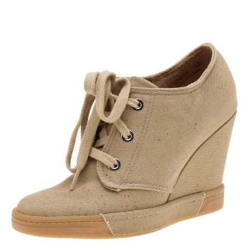 Pre Owned Dolce & Gabbana Beige Canvas Lace Up Wedge Sneakers Size 38