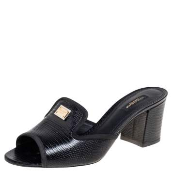 Pre Owned Dolce & Gabbana Black Lizard Embossed Leather Slide Sandals Size 39