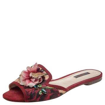 Pre Owned Dolce & Gabbana Multicolor Floral Print Canvas Crystal Embellished Flat Slide Sandals Size 37