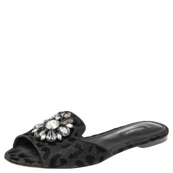 Pre Owned Dolce & Gabbana Black Leopard Print Lurex Fabric And Velvet Embellished Flat Slides Size 37